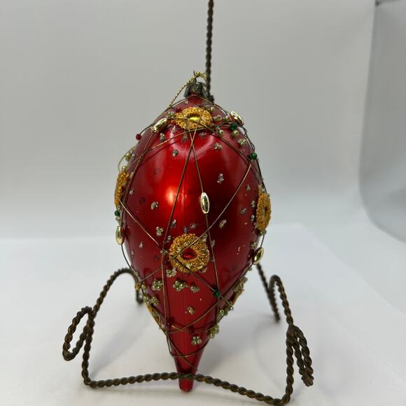 Vintage Red Glass Christmas Ornament Pin and Beaded Sequin Ornament Wire Wrap - Picture 9 of 11